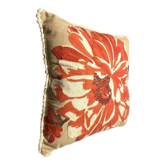 EMBROIDERED sequin flower cotton accent pillow short fringe 16 x 16 square. - Picture 7 of 10